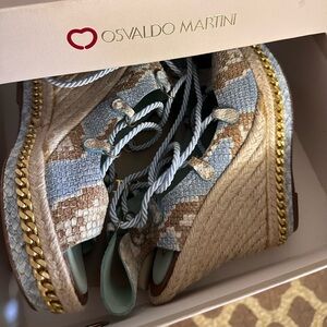 Osvaldo Martini Snakeskin Lace Up Napa Espadrille Wedge Sandals Y2K Vintage 39
